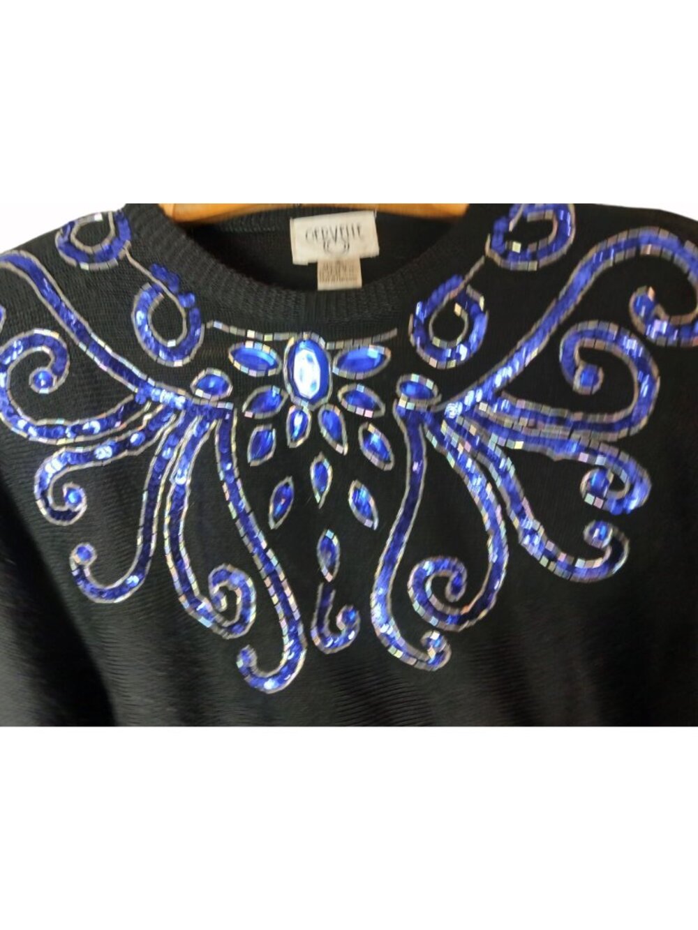 Vintage Cervelle Black Sweater Blue Sequins Beaded Size S Oversized Bedazzled - Picture 4 of 10